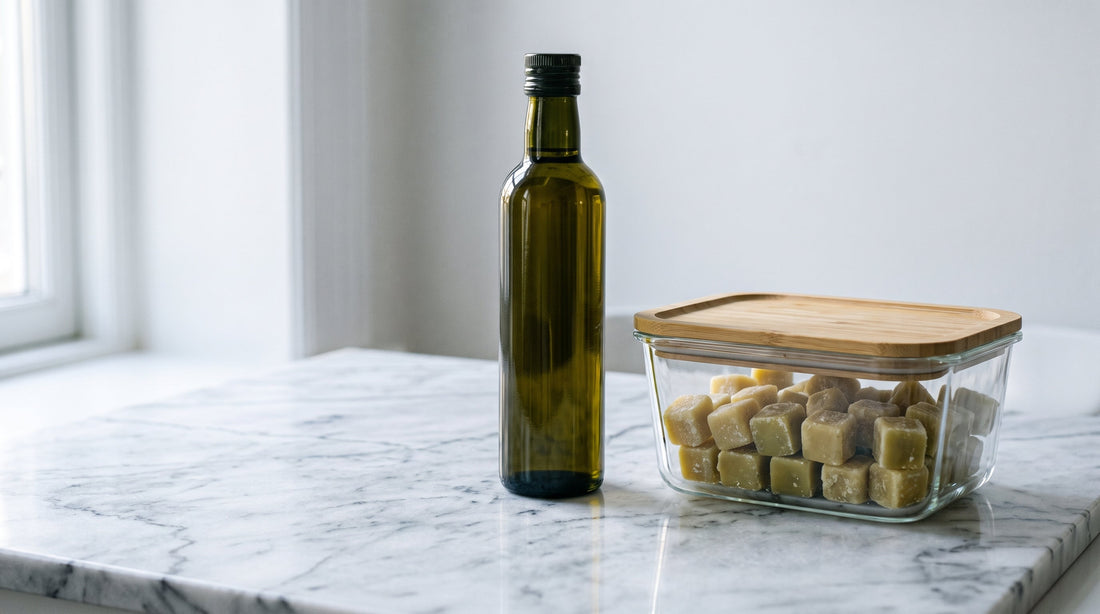 Dark green glass bottle of extra virgin olive oil next to frozen olive oil cubes in a glass storage container on a white marble surface, showing how to freeze olive oil to extend shelf life