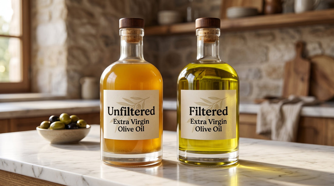 Side-by-side bottles of unfiltered and filtered extra virgin olive oil showing the color and clarity difference, with unfiltered appearing amber and filtered appearing golden-green