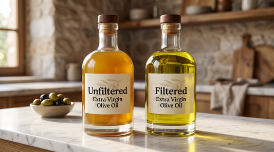 Side-by-side bottles of unfiltered and filtered extra virgin olive oil showing the color and clarity difference, with unfiltered appearing amber and filtered appearing golden-green