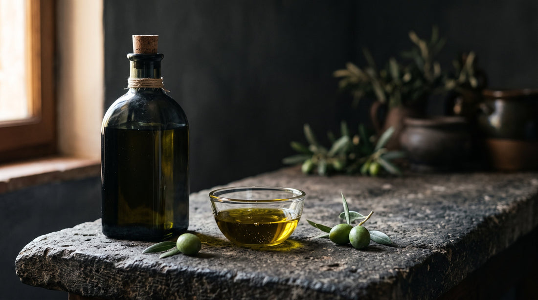 Dark glass bottle and small bowl of golden olive oil on a weathered stone surface, extra virgin olive oil anti-inflammatory research, soft natural side light.