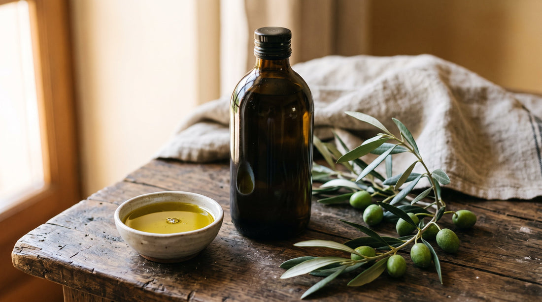 Dark glass bottle of extra virgin olive oil on an olive wood surface with a ceramic bowl of golden-green oil and a fresh olive branch, soft natural light