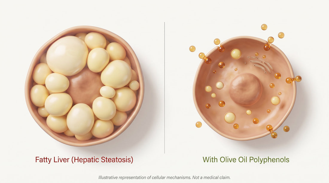 Hepatic steatosis versus healthy liver cell diagram showing how olive oil polyphenols support liver health.