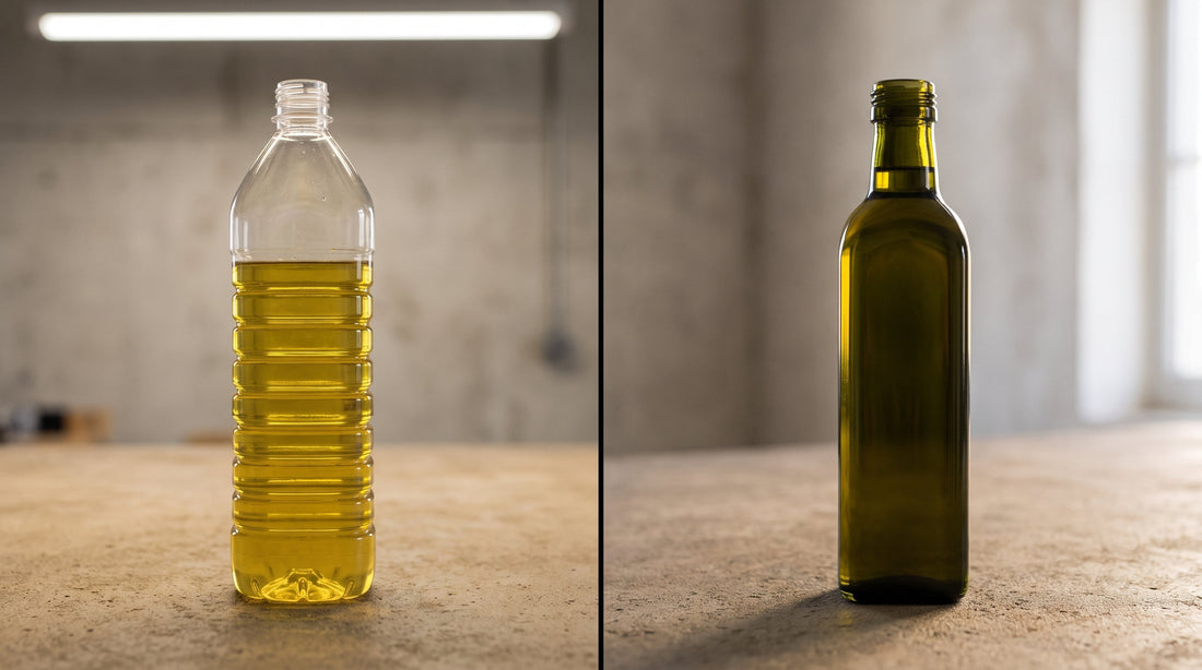 Clear plastic bottle versus dark glass bottle of olive oil side by side showing why plastic olive oil packaging affects quality and freshness