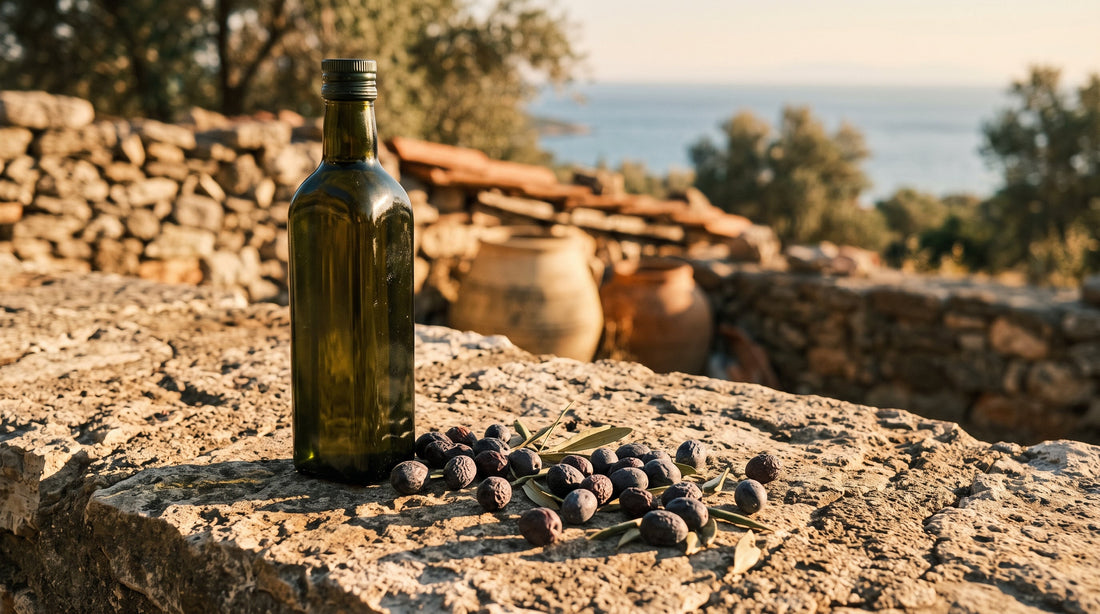 Dark green glass olive oil bottle on a sun-bleached stone wall with Ayvalik olives, Aegean coast in background — how to test if olive oil is extra virgin