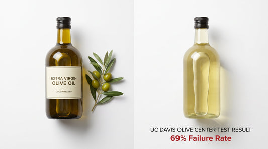 Genuine extra virgin olive oil in dark glass beside a pale imitation in clear glass, with the UC Davis Olive Center finding that 69% of imported olive oil fails the extra virgin standard
