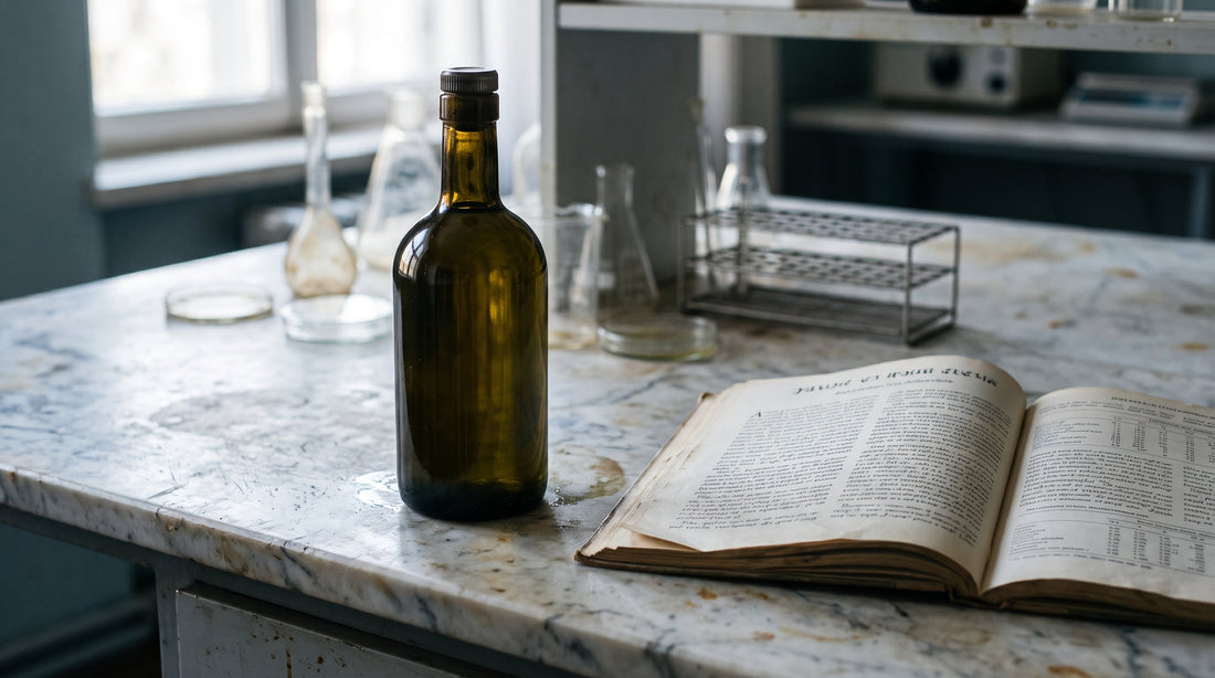 Dark glass bottle of extra virgin olive oil on a marble lab bench beside an open research journal, illustrating the 28-year Harvard olive oil study