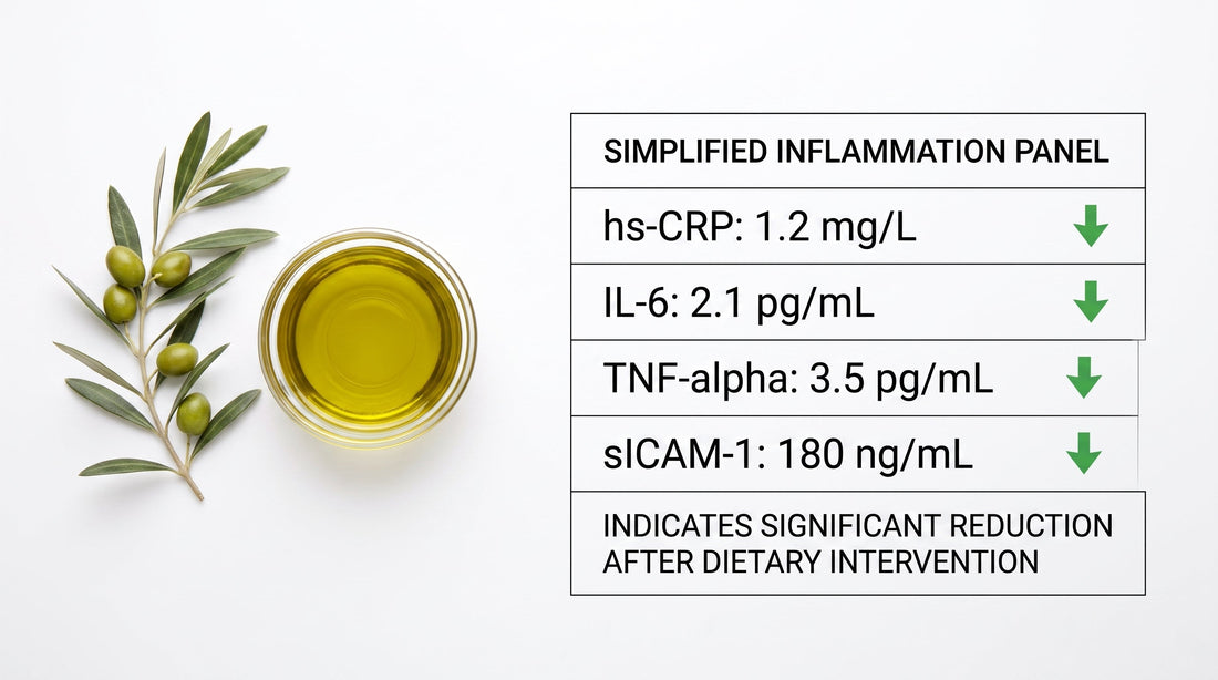 Simplified inflammation blood panel showing hs-CRP, IL-6, TNF-alpha, and sICAM-1 markers with downward arrows beside a bowl of extra virgin olive oil, illustrating how olive oil reduces inflammation markers in clinical trials