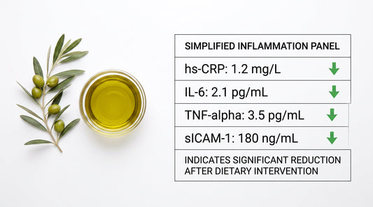Simplified inflammation blood panel showing hs-CRP, IL-6, TNF-alpha, and sICAM-1 markers with downward arrows beside a bowl of extra virgin olive oil, illustrating how olive oil reduces inflammation markers in clinical trials