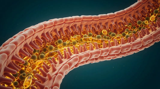 Scientific illustration of olive oil polyphenol droplets moving through the human gut lining, interacting with beneficial gut bacteria among intestinal villi