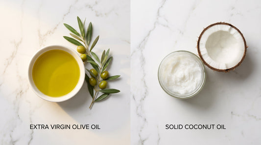 Side-by-side overhead view of extra virgin olive oil and solid coconut oil on white marble, contrasting the two oils for heart health comparison