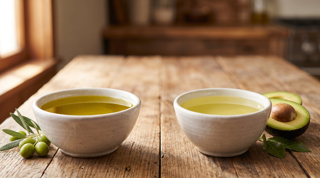 Side-by-side bowls of golden-green extra virgin olive oil and pale avocado oil with their source fruits, comparing olive oil vs avocado oil for nutrition and cooking