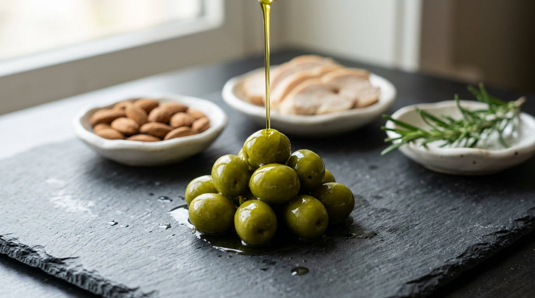 Extra virgin olive oil drizzled over fresh green olives on a slate board with almonds and chicken, representing olive oil benefits for muscle preservation on semaglutide