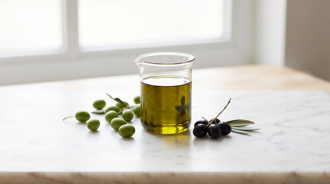 Extra virgin olive oil in a glass beaker with green and black olives on marble, illustrating olive oil type 2 diabetes prevention research