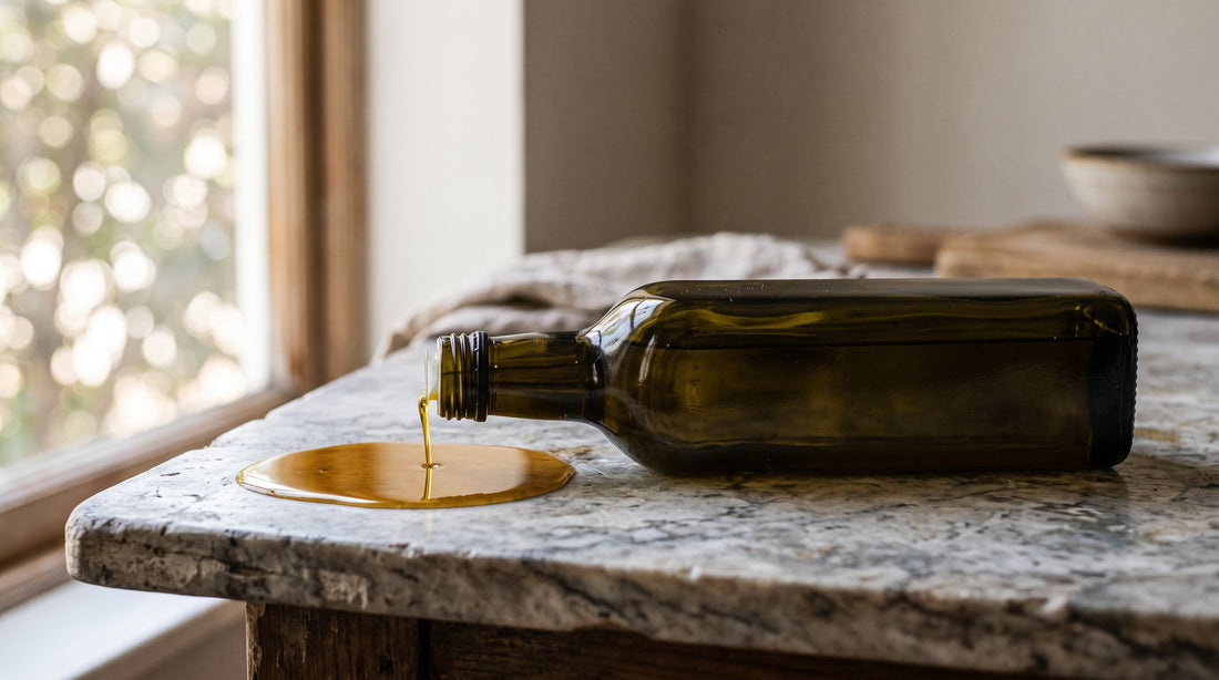 Dark glass bottle on its side with golden olive oil pooling on stone surface, expired olive oil shelf life and freshness, natural window light
