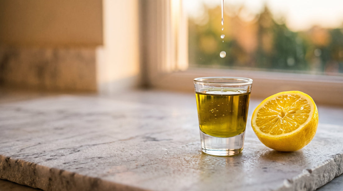 Shot glass of extra virgin olive oil on marble countertop — morning olive oil shot ritual with fresh lemon
